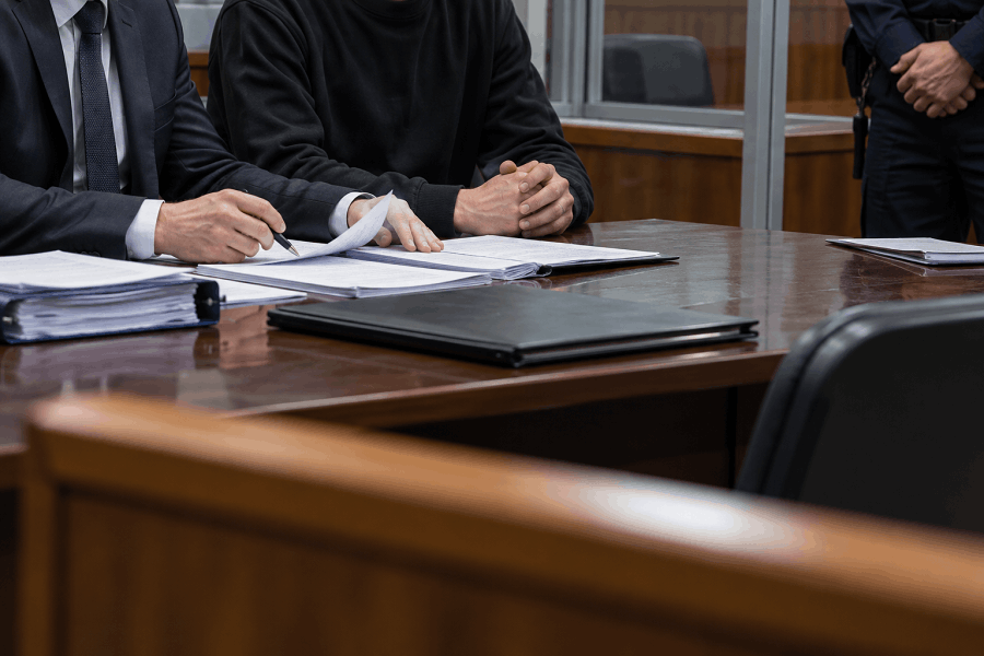 Адвокат и обвиняемый на заседании по вопросу заключения под стражу