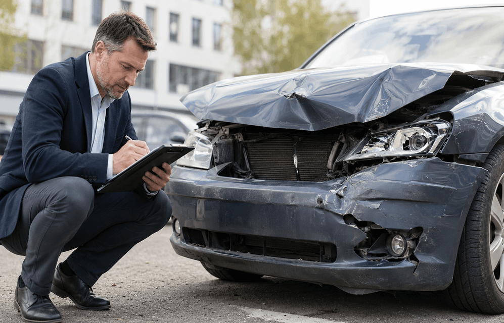 Эксперт осматривает поврежденный автомобиль после ДТП и делает записи для автотехнической экспертизы