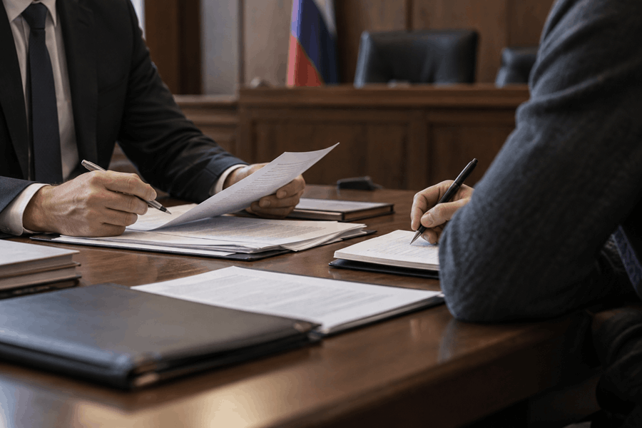 Адвокат и обвиняемый изучают постановление суда о запрете определенных действий